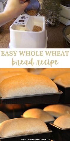 an image of bread being made in the oven with text overlay that reads easy whole wheat bread recipe