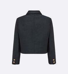 The cropped jacket combines modernity and elegance. Crafted in navy blue wool and silk, it is lined with the House's iconic Dior Oblique motif, while gold-finish Christian Dior anchor buttons adorn the front. The timeless jacket may be worn with a blouse to complete a modern and sophisticated look.. 36 Blue Wool, Crop Jacket, Navy Blue, Dior, Navy, Silk, Wool, Blue