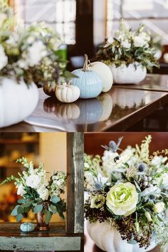 three pictures of white pumpkins and flowers in vases on a table with greenery