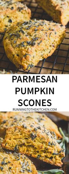 pumpkin scones on a cooling rack with the words, parmesan pumpkin scones