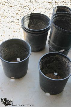 four black plastic buckets filled with dirt