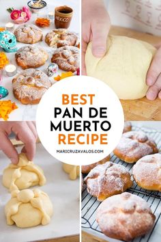 A collage with 4 photos of the preparation of pan de muerto. Dead Bread Recipe, Bread Of The Dead, Mexican Sweet Breads, Mexican Bread, Den Mrtvých, Mexican Dessert, Hispanic Food, Mexican Food Recipes Easy, Bread Recipes Sweet