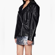 Bardot Oversize Faux Black Leather Biker Jacket Women’s M/L 6-8 New Without Tags. Zipper Details At The Sleeves Enhance The Moto Edge Of This Must-Have Faux-Leather Jacket Updated With A Chic, Oversized Silhouette. 25" Length Notched Lapels 55% Polyester, 45% Cotton With 100% Polyurethane Coating Hand Wash, Line Dry Punk Biker Jacket For Winter Night Out, Punk Biker Jacket For Night Out In Winter, Asymmetrical Zip Outerwear For Spring Night Out, Punk Style Winter Outerwear For Night Out, Spring Asymmetrical Zip Outerwear For Night Out, Edgy Outerwear With Asymmetrical Zip, Fall Biker Jacket With Zipper Closure For Night Out, Winter Biker Jacket For Night Out, Fall Punk Outerwear For Night Out