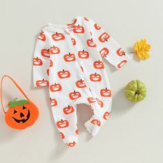 Includes: Onesie Material: Cotton Blend Gender: Boys & Girls Pattern: Pumpkins Sleeve Length: Long Summary: Baby Toddler Long Sleeve Jack-o-Lantern Pumpkin Zipper Footie Halloween Fall Autumn Onesie Cute Long Sleeve Halloween Sleepwear, Cute Fall Sleepwear, Long Sleeve Sleepwear For Halloween Playtime, Playful White Sleepwear For Fall, White Long Sleeve Onesie Costume, Cute White Onesie For Fall, Cute Cotton Halloween Sleepwear, Fitted White Onesie For Fall, Halloween Long Sleeve Onesie For Playtime