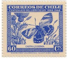 a postage stamp with a butterfly on the front and side of it, in blue ink