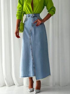 Asymmetrical Raw Hem Slant Pocket Summer Denim Skirt Light Wash Casual   Denim Plain A Line Non-Stretch  Women Clothing, size features are:Bust: ,Length: ,Sleeve Length: Summer Denim Skirt, Causal Outfits, Denim Skirt Women, Love Jeans, Summer Denim, Event Outfit, Modest Fashion Outfits, Work Looks, Jeans Rock