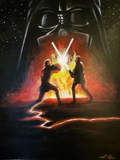 a painting of darth vader and his friends in front of a blazing fire