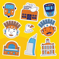 various stickers depicting different things in the shape of people's heads and buildings