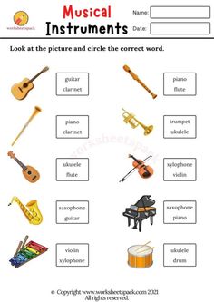 musical instruments worksheet with pictures and words to help students learn how to play the instrument