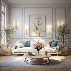 a living room with white furniture and flowers in vases on the coffee table next to it