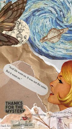 an altered collage with words and pictures on it, including a woman's face