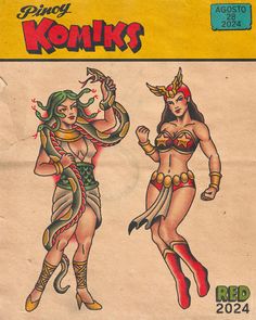 an old comic book with two women in costumes