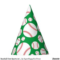 a green and white party hat with baseballs printed on the side, all over it