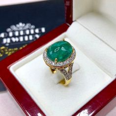 "ENJOY OUR WORRY-FREE SERVICE AND THE DAZZLING, GENUINE JEWELRY WE DESIGN AND HANDCRAFT WITH LOVE❤️ ABOUT THE ITEM: This ring is the perfect combination of elegance, beauty, and INVESTMENT VALUE! With a TRANSPARENT, 6.50 carats, VIVID FOREST GREEN emerald, and 52 extremely sparkling diamonds. The 18K yellow gold ring was deliberately designed and handcrafted by our boutique's in-house goldsmiths. You will love this gorgeous piece as much we do. And people will absolute adore it once they see the Timeless Diamond Rings With Cabochon, Classic Diamond Cabochon Ring, Classic Diamond Ring With Cabochon Cut, Luxury Cabochon Emerald Ring For Wedding, Gold Emerald Cabochon Ring For Formal Occasions, Exquisite Yellow Gold Emerald Ring, Luxury Emerald Cabochon Ring For Wedding, Luxury Yellow Gold Emerald Ring With Oval Cabochon, Elegant Cabochon Emerald Ring For Formal Occasions