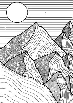 a black and white line drawing of mountains with the sun in the sky above them