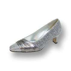 Fitted Holiday Heels With Rhinestones, Silver Fitted Low Heel Heels, Fitted Low Heel Holiday Heels, Elegant Low Heel Heels With Glitter Accents, Elegant Low Heels With Glitter Accents, Holiday Low Heel Shoes, Fitted Low Heel With Rhinestones, Silver Low Heel Fitted Wedding Shoes, Sparkling Fitted Heels For Holiday