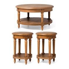 three wooden tables sitting next to each other