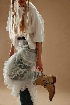 We The Free Aiden Chain Boots | Free People Denim Cowgirl Boots, Ankle Cowboy Boots Outfit, Moto Boots Outfit, Chain Boots, Denim Cowgirl, Ankle Cowboy Boots, Boot Jewelry, Free People Clothing, Fringe Boots