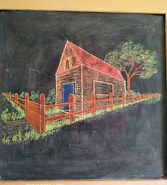 a chalk drawing of a barn and fence