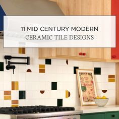 an image of a kitchen setting with tile designs on the backsplash and cabinets