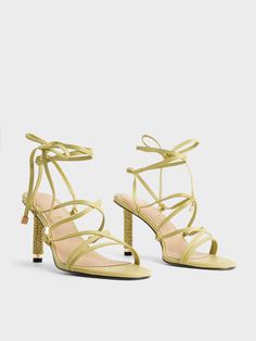 Lime Strappy Woven-Heel Tie-Around Sandals - CHARLES & KEITH US Formal Spring T-strap Strappy Sandals, Elegant Gold Strappy Lace-up Sandals, Summer Cross-tied Strappy Heels, Gold Lace-up Sandals With Heel Strap, Gold Elegant T-strap Sandals With Heel Strap, Womens Strappy Sandals, Charles Keith, Woven Texture, Strappy Sandals