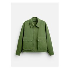 Regular fit jacket made of light technical fabric. Lapel collar and long sleeves with buttoned cuffs. Patch pockets with flaps at hip. Elastic hem at back. Front zip hidden by a snap button flap. Green Button-up Outerwear With Flap Pockets, Green Collared Outerwear With Patch Pockets, Green Stand Collar Outerwear With Pockets, Green Workwear Outerwear With Patch Pockets, Workwear Utility Jacket With Flap Pockets And Lapel Collar, Green Collared Outerwear With Welt Pockets, Green Long Sleeve Outerwear With Welt Pockets, Green Utility Jacket With Welt Pockets For Work, Classic Green Utility Jacket For Work