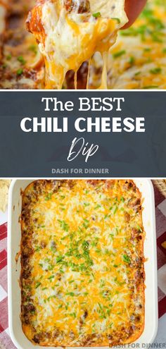 the best cheesy dip recipe with cheese on top and an image of a casserole