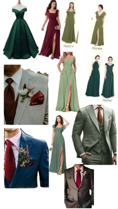 a collage of different types of dresses and suits