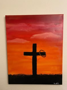 a painting of a cross on a wall with a sky in the background and clouds