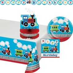 thomas the train birthday party tableware and napkins with matching plates, cupcake toppers and streamers