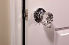 a crystal skull door handle on a white door