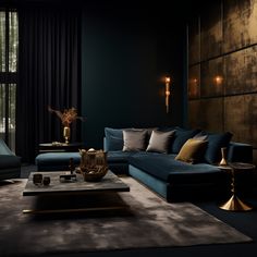 a living room filled with blue couches next to a tall wall mounted candle holder