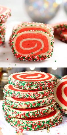 red, white and green cookies with sprinkles stacked on top of each other