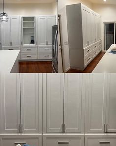 before and after pictures of a kitchen remodel with white cabinets, stainless steel appliances and wood flooring