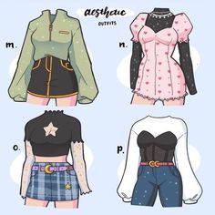 four different types of clothes are shown in this drawing style, with the same color and size