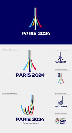 the logo for paris 2024 is shown in different colors and font styles, including blue, red, green, yellow, orange