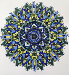 a drawing of a blue and yellow flower with green leaves on it's center