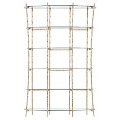 a bamboo shelf with glass shelves on each side and branches hanging from the top, against a white background