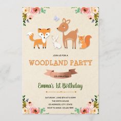 woodland animals birthday party card with floral border