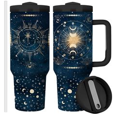 two travel mugs with the same design on them, one has a sun and moon in it