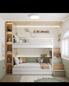 a bedroom with bunk beds and stairs in it