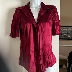 Inc Nice Silk Burgundy, Button-Down Short Sleeve Career Blouse. Top Size 4 Brand New Condition It’s Missing The Strap Belt Sorry. If I Find It, I Will Add It Thank You. Casual Silk Shirt With Buttons, Fitted Silk Button-up Shirt, Casual Silk Blouse With Buttons, Fitted Short Sleeve Blouse With Buttons, Fitted Collared Blouse With Buttons, Fitted Collared Blouse, Red Short Sleeve Blouse For Daywear, Silk V-neck Top With Button Closure, Fitted Collared Blouse With Covered Buttons