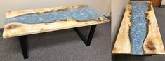 two tables made out of wood, one with water running down it and the other with metal legs