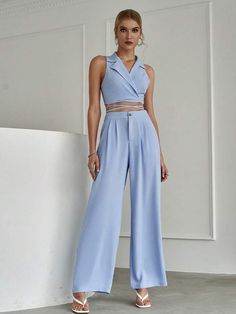 Luxury Elegant Bottoms With High-low Hem, 2 Piece Dress Formal Silk, Crop Top Pants Wedding, Wedding Pants And Crop Top, Luxury Chic Bottoms With High-low Hem, Luxury Summer V-neck Palazzo Set, Welcome Dinner Outfit, Summer Co Ord Sets, Blue Two Piece Outfit