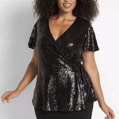 Lane Bryant Black Peplum Short Sleeve Faux Wrap V-Neck Sequin Lined Top Brand New - Without Hang Tag/Paper Tag. The Brand Name Inside Is Slightly Crossed Out To Prevent Returns To The Retail Stores. Material Shell: 97% Polyester, 3% Spandex Lining: 100% Polyester This Crossover Top Brings So Much Sparkle And Shine Thanks To The All-Over Sequin Detail. The Flattering Faux-Wrap Silhouette And Peplum Waist (Plus, The Vibrant Party-Ready Color!) Make It A Total Stunner No Matter How You Style It. Cr Glamorous V-neck Tops For Date Night, Fitted V-neck Top For Spring Party, V-neck Sequin Blouse For Night Out, Elegant Surplice Neckline Blouse For Party, Fitted V-neck Long Sleeve Top For Party, Fall Party Blouse With Surplice Neckline, Chic V-neck Top For Fall Party, Chic Fall V-neck Top For Parties, Fall Party Top With Surplice Neckline