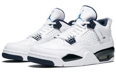 The Air Jordan 4 Retro LS 'Legend Blue' is a beautifully remastered version of the 1999 Air Jordan 4 'Columbia.' The first thing you'll notice about this shoe is the lovely white tumbled leather upper with perforated leather quarter panels. This was a change from the standard mesh netting and really makes the shoe stand out. The 'Columbia' was the first Air Jordan colorway that wasn't part of the original 1989 release, so it's truly unique. If you're looking for a one-of-a-kind sneaker with a ri Jordan 4 White, Nike Air Jordan 4, Dr Shoes, Blue Jordans, Jordan Shoes Retro, Retro 4, Shoes Stand, Air Jordan Retro, Cute Nike Shoes