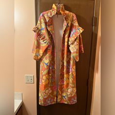 The Size Is Listed As F Which I’m Assuming Means One Size Fits All. House Coat, Orange Floral Print, Floral Print Kimono, Orange Yellow, Color Orange, One Size Fits All, Floral Print, Floral Prints, Jackets & Coats