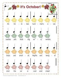 it's october printable worksheet with leaves and music notes for kids