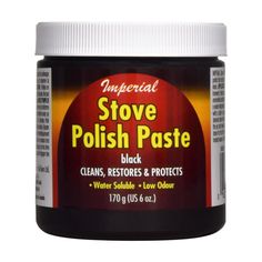 a jar of black polish paste on a white background with the words, imperial stove polish paste