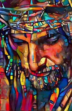 the face of jesus painted in multicolors with many different colors and patterns on it